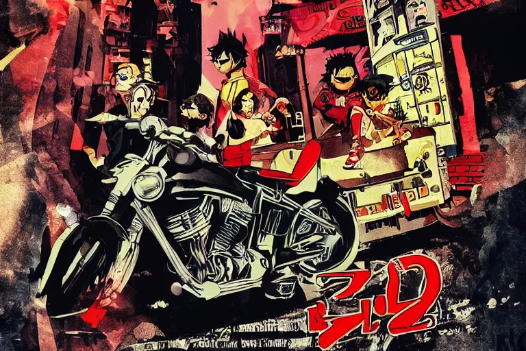 Image similar to pizza restaurant, akira's motorcycle, gorillaz, poster, high quality