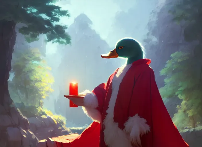 Image similar to cute fluffy mallard duck wearing red cultist robe, details, fantasy, epic, sacrificial altar, landscape illustration concept art anime key visual trending pixiv fanbox by wlop and greg rutkowski and makoto shinkai and studio ghibli and kyoto animation symmetrical facial features