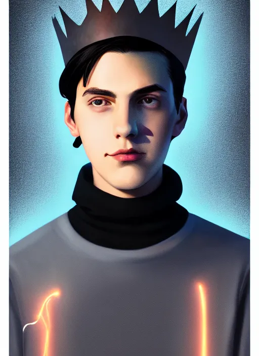 Image similar to portrait of teenage jughead jones wearing a light grey crown, crown, blue turtleneck, closed eyes, photorealistic, black hair, glowing lighting, intricate, elegant, glowing lights, highly detailed, digital painting, artstation, concept art, smooth, sharp focus, illustration, art by wlop, mars ravelo and greg rutkowski