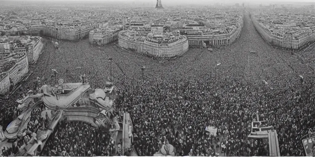 Image similar to a crowd of 6 0, 0 0 0 protesting around the eiffel tower, bird's eye view, polaroid, 6 0's, hyperrealism, no blur, 4 k resolution, ultra detailed