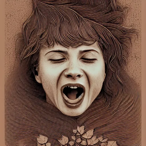 Prompt: Copper engraving of a woman screaming, ivy creeping around her face, artstation, intricate, 8k, award-winning