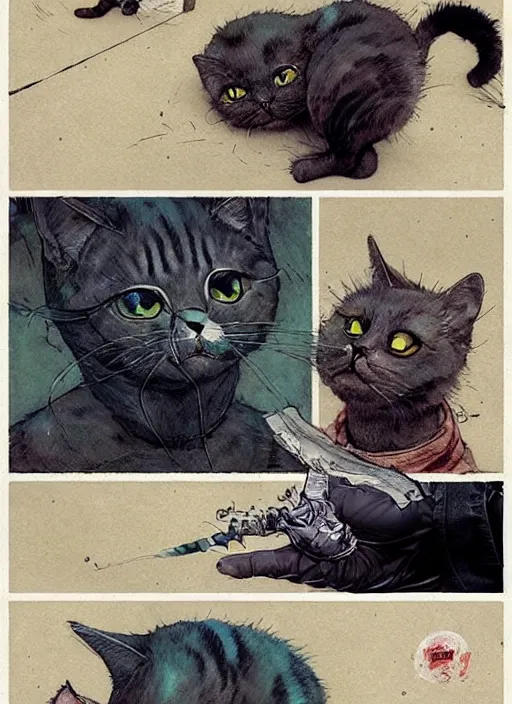 Image similar to a hyper realistic ink cat in a spaaceship 6 panel comic by chiara bautista and norman rockwell and greg rutkowski weta studio, and lucasfilm