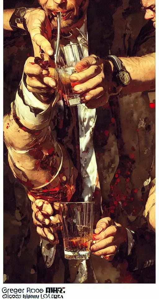 Image similar to close up of bloodied max payne pouring vodka, sun shining, photo realistic illustration by greg rutkowski, thomas kindkade, alphonse mucha, loish, norman rockwell.