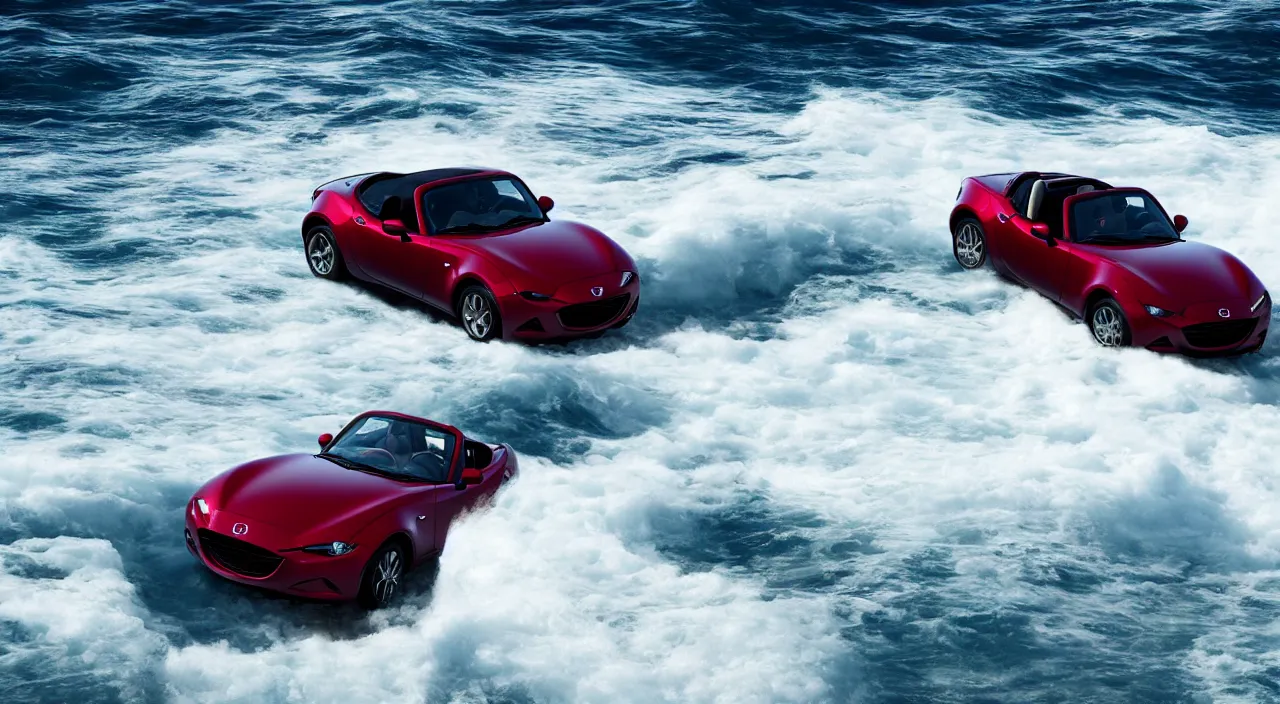 Image similar to mazda miata driving ontop of the ocean, giant wave, realistic, detailed, contrast, 4 k