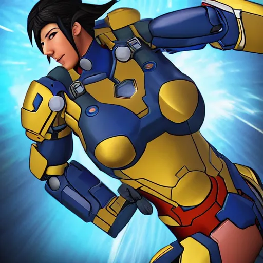 Image similar to ironman fighting pharah from overwatch