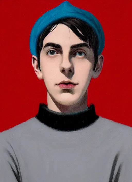 Image similar to portrait of teenage jughead jones wearing a light grey crown, crown, blue turtleneck, 1 9 5 0 s, closed eyes, photorealistic, black hair, glowing lighting, intricate, elegant, glowing lights, highly detailed, digital painting, artstation, concept art, smooth, sharp focus, illustration, art by wlop, mars ravelo and greg rutkowski