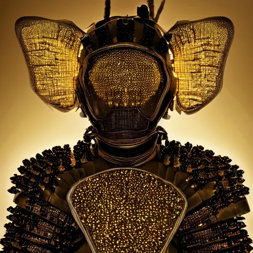 Prompt: a portrait of a beautiful young male wearing an alexander mcqueen armor made of fireflies , photographed by andrew thomas huang, artistic