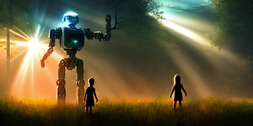 Image similar to sci - fi scene future new york, little girl alone holding onto the outstretched hand of a giant robot, forest punk, little girl meets robot, crepuscular rays, epic scene, hyper realistic, photo realistic, overgrowth, cinematic atmosphere, ethereal lighting,