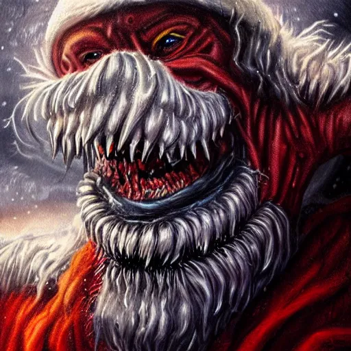 Prompt: terrifying monster Santa full dramatic shot, Lovecraft, oil painting, epic, ultra detailed, intricate