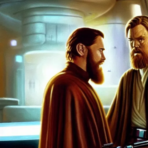 Prompt: star wars emperor and obi wan drin beer in a sci - fi bar, movie still, screenshot, photorealistic painting, fanart, highly detailed