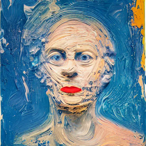Prompt: oil paint impasto relief, portrait of woman's face, deep under water, lots blue colours, lit from above, looking up, air bubbles, multi layered thick brush marks, some splattered paint, in the style frank auerbach and magritte
