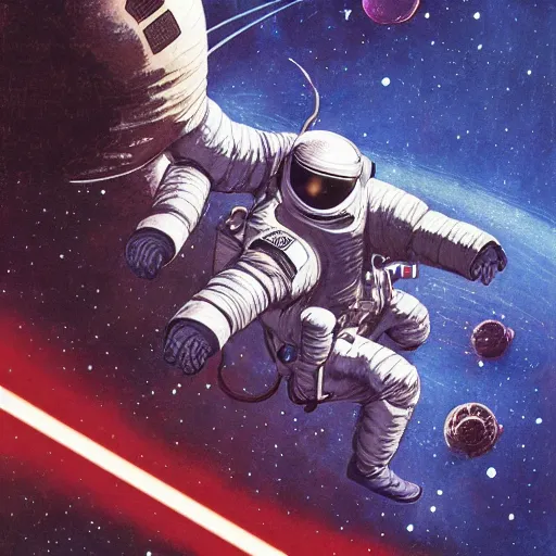 Image similar to detailed illustration of a black astronaut space walking, planets behind, nebulas, dynamic lighting, 8 k, star wars, art by moebius, ayami kojima