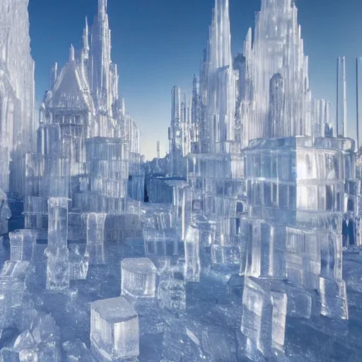 Image similar to a cityscape made entirely of ice, crystal clear ice city sculpture, first person pov, realistic fantasy photography, mystical