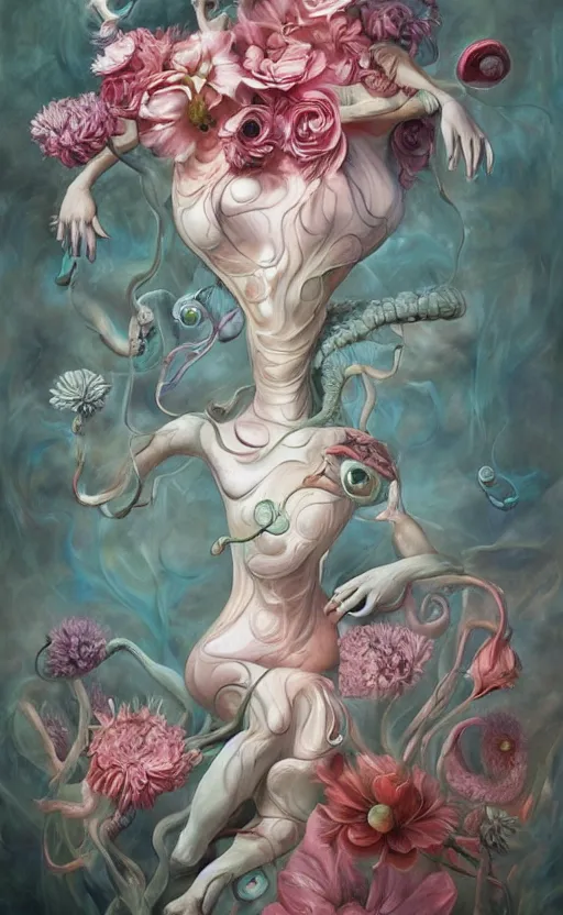 Image similar to a biomorphic painting of a vase with flowers and eyeballs in it, a surrealist painting by Marco Mazzoni, by Peter Mohrbacher, by Dorothea Tanning, pastel blues and pinks, featured on artstation, metaphysical painting, oil on canvas, fluid acrylic pour art, airbrush art,