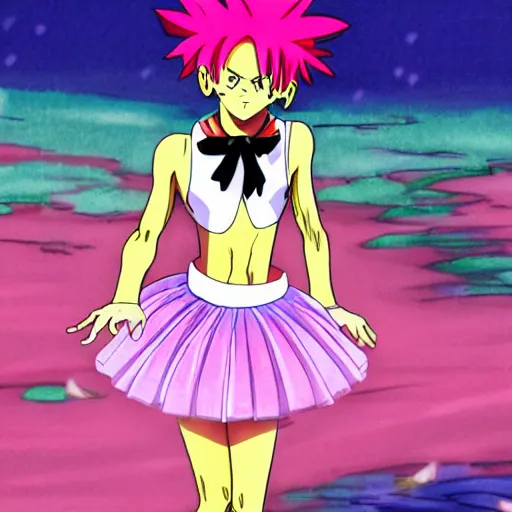 Prompt: hisoka from hunter x hunter wearing a pink tutu ballet dress with a shiny chrome banana in his hand while standing on a rainy beach with girls in colorfull bikini ‘ s in the back, anime style, 4 k, high detail,