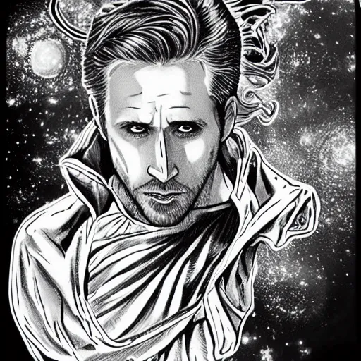 Image similar to black and white pen and ink!!!!!!! MAPPA designed Ryan Gosling wearing cosmic space robes made of stars final form flowing royal hair golden!!!! Vagabond!!!!!!!! floating magic swordsman!!!! glides through a beautiful!!!!!!! Camellia!!!! Tsubaki!!! death-flower!!!! battlefield dramatic esoteric!!!!!! Long hair flowing dancing illustrated in high detail!!!!!!!! by Moebius and Hiroya Oku!!!!!!!!! graphic novel published on 2049 award winning!!!! full body portrait!!!!! action exposition manga panel black and white Shonen Jump issue by David Lynch eraserhead and beautiful line art Hirohiko Araki!! Rossetti, Millais, Mucha, Kentaro Miura, Jojo's Bizzare Adventure!!