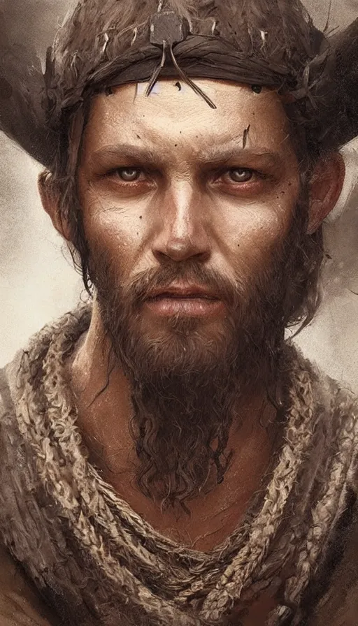 Image similar to Portrait of a medieval peasant, male, detailed face, fantasy, highly detailed, cinematic lighting, digital art painting by greg rutkowski