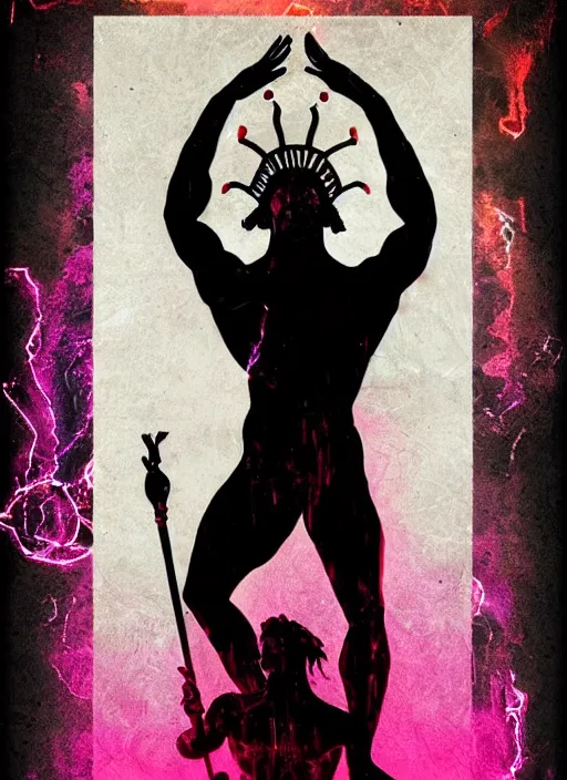 Image similar to elegant dark design poster showing a large greco roman statue of zeus, black background with very subtle red and purple design elements, bold, powerful, nekro, vito acconci, thin straight purple lines, dark, glitch art, neo vaporwave, gritty, layout frame, square, trending on artstation