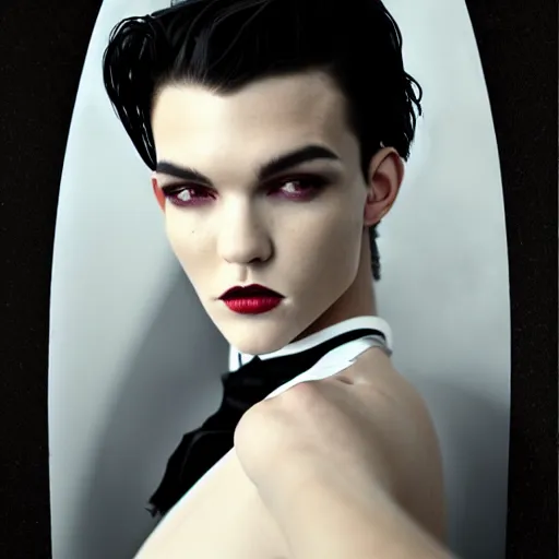 Prompt: beautiful portrait of androgynous ruby rose as desire from sandman in a white tuxedo!!!, rockabilly style, by alphonse mucha, cedric peyravernay, by jeremy mann, by frank moth, white suit and black tie, soft lightning, canon eos c 3 0 0, ƒ 1. 8, high detailed, 8 k