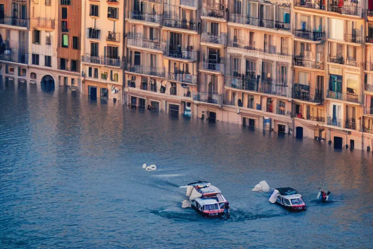 Image similar to views of people on boats on a catastrophic barcelona, buildings covered with high water, floating cars, sunset lighting, photo real