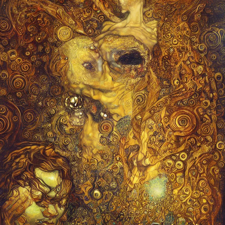 Image similar to Divine Chaos Engine by Karol Bak, Jean Deville, Gustav Klimt, and Vincent Van Gogh, celestial, visionary, sacred fractal structures, ornate gilded medieval icon, spirals