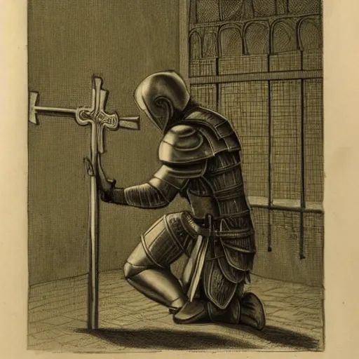 Image similar to A pale young man stands kneeling inside a prison cell. Clad in shining armor he kneels and prays to a God others would have long abandoned. Sunshine lightly grazes his cheeks as he prays, his broken spear used as a cross to focus on. The knight's expression is sad, pensive, but resolute, decisive and stubborn.