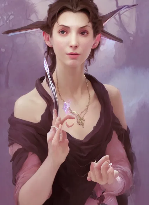 Image similar to character concept portrait of an attractive young focused Spanish witch with pale pink skin and a crystal necklace enchanting a glowing seduction spell, a floating glowing spell book in the center, intricate, elegant, digital painting, concept art, smooth, sharp focus, illustration, from Metal Gear, by Ruan Jia and Mandy Jurgens and William-Adolphe Bouguereau, Artgerm