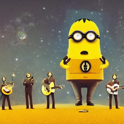 Image similar to the beatles performing with guitars, a giant yellow minion at background, sci fi, art by mike winkelmann, trending on cgsociety, retrofuturism, darksynth, sci - fi