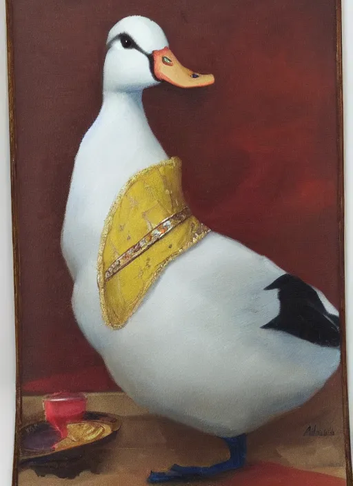 Prompt: oil painting of a royal duck sitting on a throne