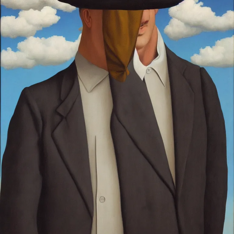 Prompt: portrait of man in a suit with cloud hiding his face by rene magritte, detailed painting, hd, hq, high resolution, high detail, 4 k, 8 k