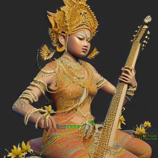 Prompt: hyper realistic portrait photo of indonesian saraswati goddess, portrait shot, intricate detail, octane render