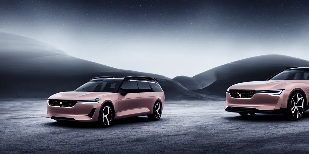 Image similar to a design of a futuristic stationwagon, designed by Polestar and DMC, northern lights background, brushed rose gold car paint, black windows, dark show room, dramatic lighting, hyper realistic render, depth of field