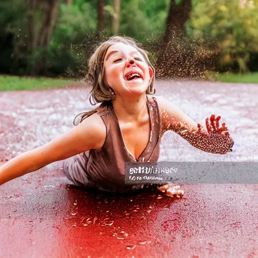 Image similar to adult sliding down chocolate pudding slip n slide legs first, professional photo taken at the park