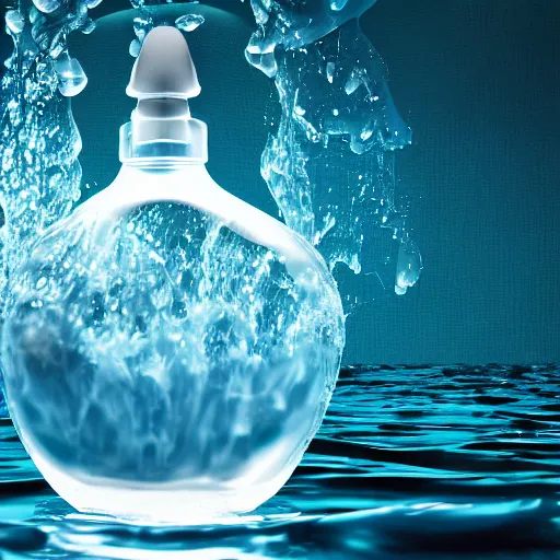 Prompt: a human head in a bottle, water art manipulation, on the ocean water, futuristic, glowing, hyper realistic, ray tracing, realistic water splashes, sharp focus, long shot, 8 k resolution, cinematic, photoshop art