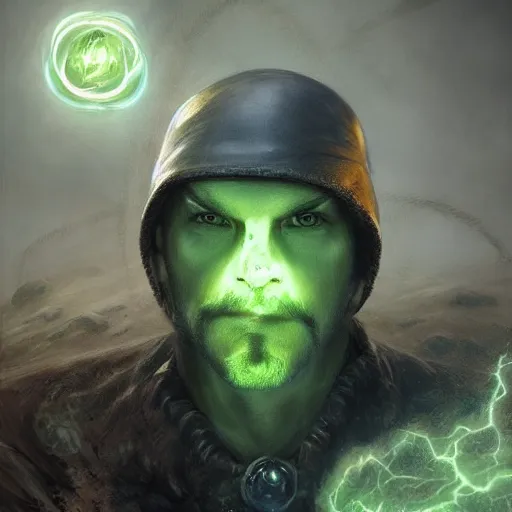 Prompt: portrait face head handsome david cross sorcerer of the northern winds wearing a leather doublet brandishing a glowing green orb whilst standing on a cliff Jean Sebastien Rossbach jana schirmer jeff simpson greg staples