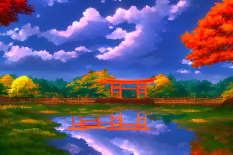 Image similar to hypnagogic reflections by makoto shinkai, centered torii gate, japanese countryside, autumn foliage season, skyscape, anime wallpaper, 4k, trending arstationhq, daily deviation
