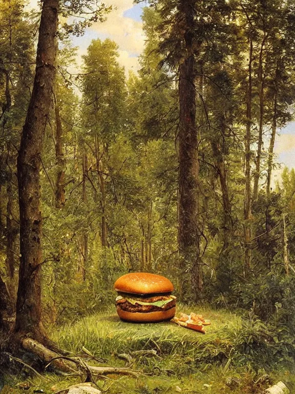 Prompt: Ivan Shishkin painting of a beautiful burger as a wild animal hiding at forest, beautiful lighting, sunny, summer, painting Ivan Shishkin