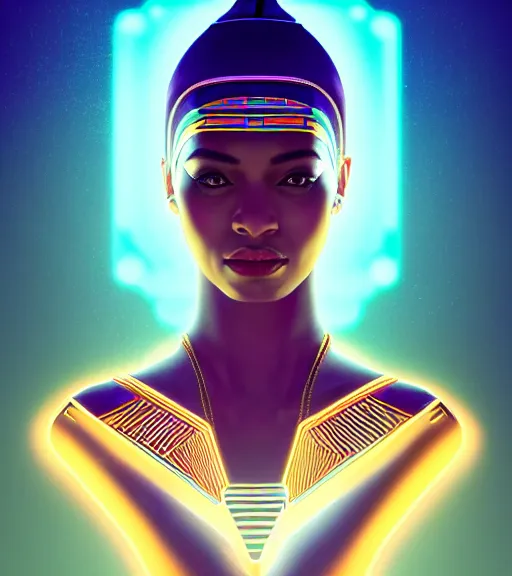 Image similar to symmetry!! egyptian queen of technology, solid cube of light, hard edges, product render retro - futuristic poster scifi, lasers and neon circuits, brown skin beautiful egyptian, queen, intricate, elegant, highly detailed, digital painting, artstation, concept art, smooth, sharp focus, illustration, dreamlike, art by artgerm