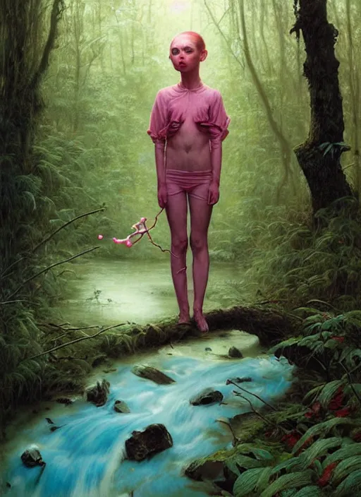 Image similar to bubblegum in the woods by a stream, river gorgeous lighting, lush forest foliage blue sky a hyper realistic painting by chiara bautista and beksinski and norman rockwell and greg rutkowski, tom bagshaw weta studio, and lucasfilm