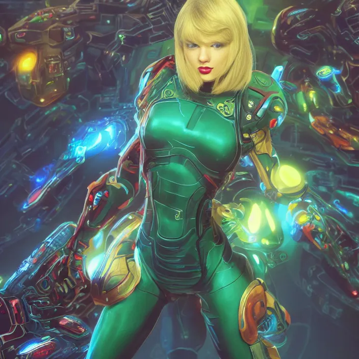 Image similar to portrait of Taylor Swift as SAMUS ARAN. METROID. HD, 4K. intricate. intricate artwork. by Tooth Wu, wlop, beeple, dan mumford. octane render, trending on artstation, greg rutkowski very coherent symmetrical artwork. cinematic, hyper realism, high detail, octane render, 8k, iridescent accents.