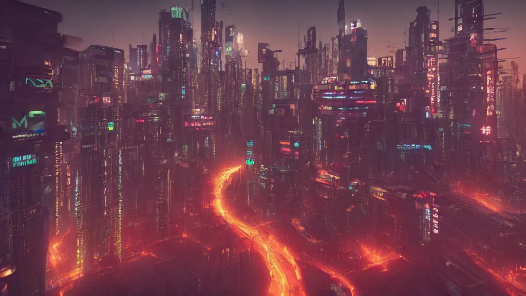 Image similar to twenty-fifth century megacity, dusk, cyberpunk, twilight, cinematic, 4k, rendered in octane