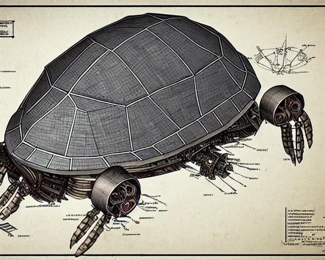 Image similar to a full page of a mechanical blueprint showing a design for a mechanized turtle from howl's moving castle ( 2 0 0 4 ), with a big head, muted colors, post grunge, studio ghibli, hq,