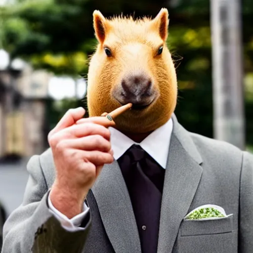 Image similar to smoking cigar, a man wearing a suit capybara head (smoking cigar)