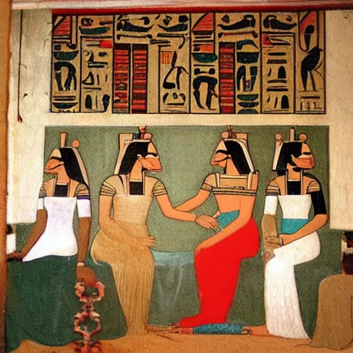 Prompt: girls in a poorly lightened dorm in ancient egypt in the style of Louis-François Aubry, French portrait painter