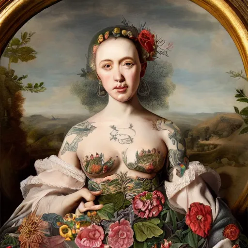 Image similar to ultra detailed, 4 k portrait of a tattooed woman in baroque dress, fully dressed by rachel ruysch