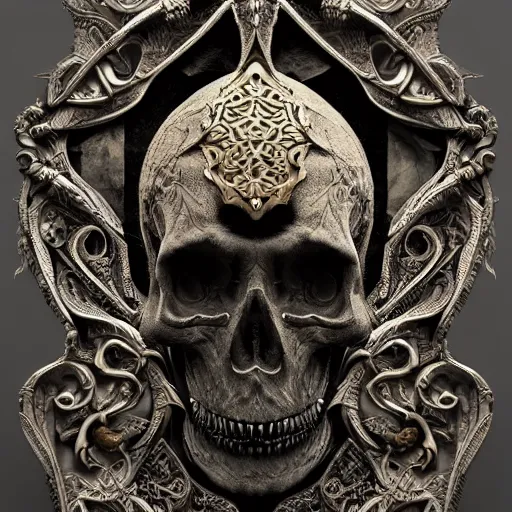 Image similar to skull in black concrete with intricate gold inlay carving in art nouveau style, hyper detailed, insane details, intricate, elegant, luxury, dramatic lighting, CGsociety, hypermaximalist, golden ratio, fog, overcast lighting, moody atmosphere, environmental key art, octane render, weta digital, micro details, 3d sculpture, ray trace, 8k