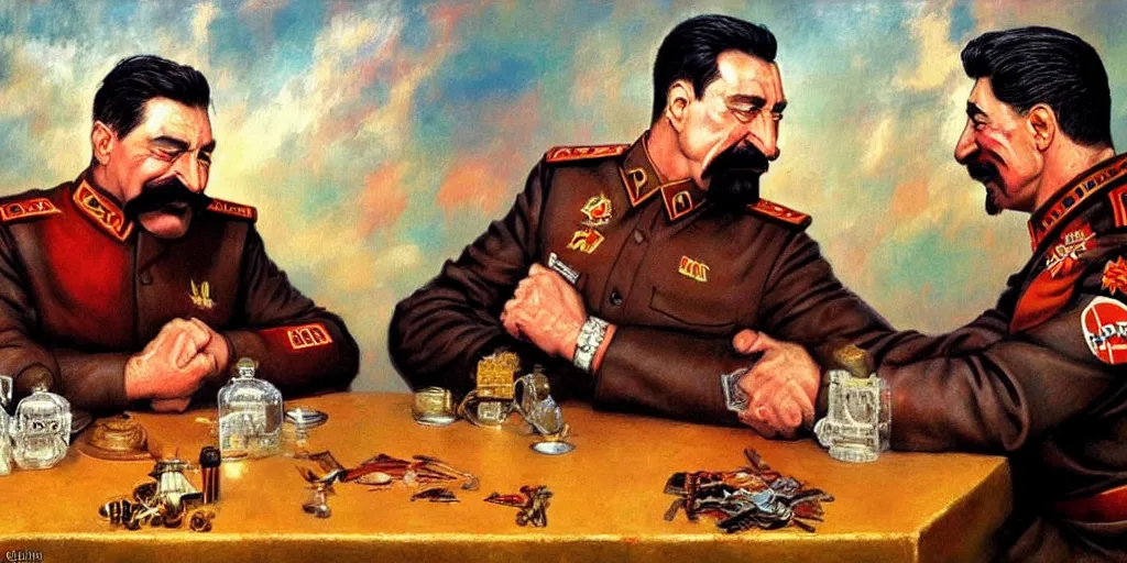 Image similar to arm wrestling between ( ( vladimir putin ) ) and ( ( iosif stalin ) ), hyperrealistic, digital concept art, caricature illustration, art by gaston bussiere