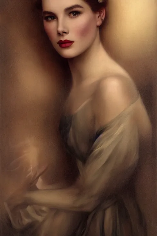 Image similar to a young and extremely beautiful grace kelly infected by night by tom bagshaw in the style of a modern gaston bussiere, art nouveau, art deco, surrealism. extremely lush detail. melancholic night scene. perfect composition and lighting. profoundly surreal. high - contrast lush surrealistic photorealism. sultry and mischievous expression on her face.