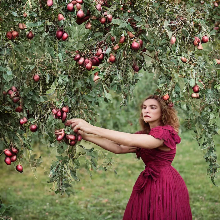 Image similar to a closeup portrait of a woman wearing a dress made of tangled twisted knotted iridescent ribbon, picking pomegranates from a tree in an orchard, foggy, moody, photograph, by vincent desiderio, canon eos c 3 0 0, ƒ 1. 8, 3 5 mm, 8 k, medium - format print