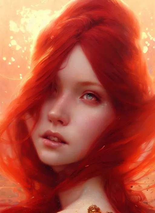 Prompt: portrait of a red haired princess, digital art by artgerm and greg rutkowski, gaston bussiere, sakimi chan and android jones and karol bak, cinematic lighting, trending on artstation, volumetric dust, intricate, elegant